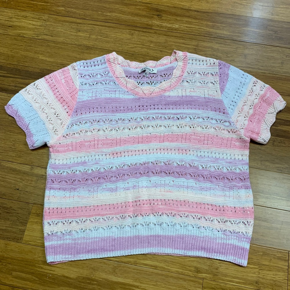 Nanette Lepore Striped Knit Sweater Cropped Short Sleeve V Neck Women's Large